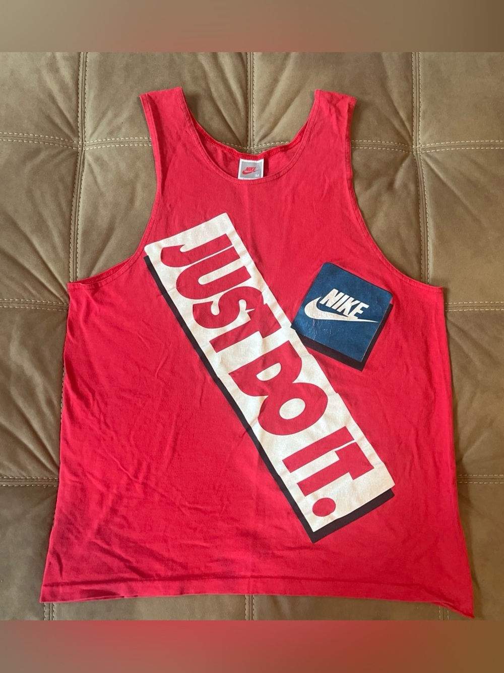 Vintage Nike Red Tank Top with White 'Just Do It' Graphic